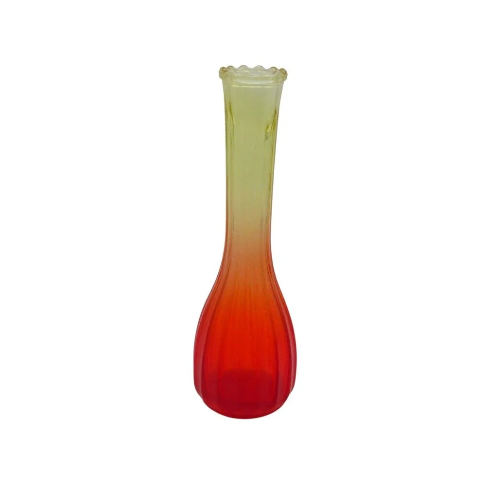 Vintage Jeannette Glass Bud Vase Red Orange Yellow Ombre Ribbed MCM Fluted 8.5”